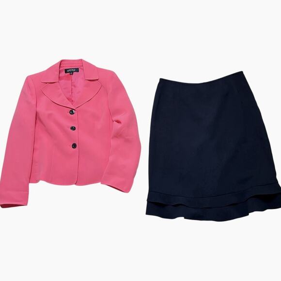 Kasper Skirt Suit Set Size 12 Pink Jacket Blazer Black Skirt Ruffle Hem Classic - Picture 4 of 15